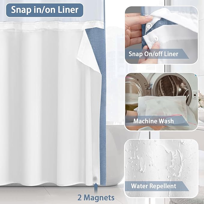 No Hook Shower Curtain and Liner Set, Sky Blue Hotel Waffle Shower Curtain - Image 4