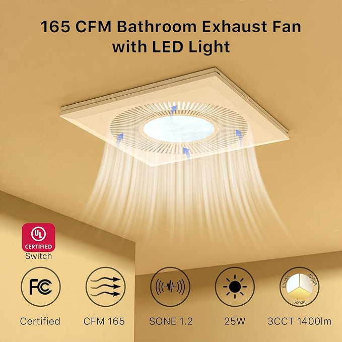 Bathroom Exhaust Fan with Light 165CFM Shower Bathroom Vent Fan with 11.8IN 15w - Image 2