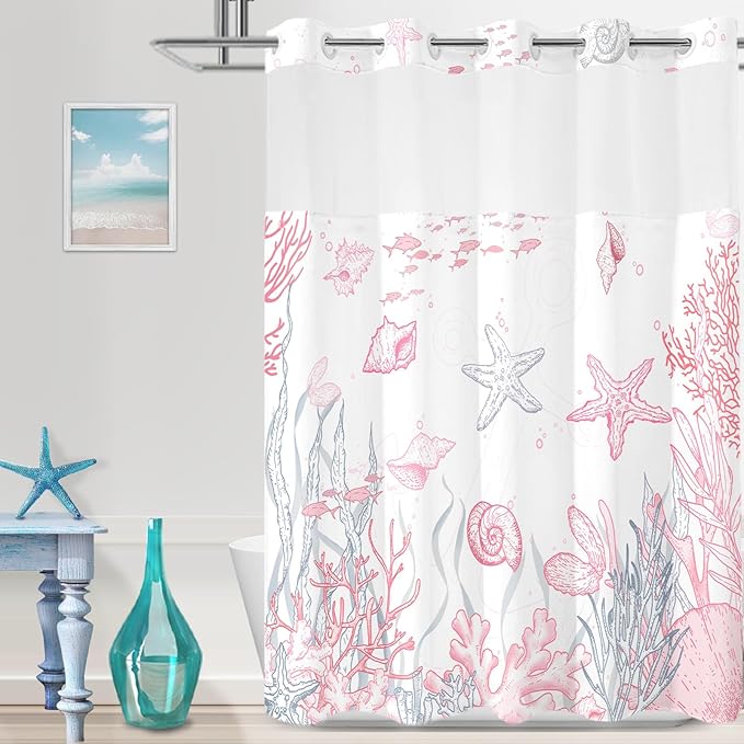 No Hook Shower Curtain with Snap in Liner, Beach Ocean Nautical Coastal Shower by TWLSNCD