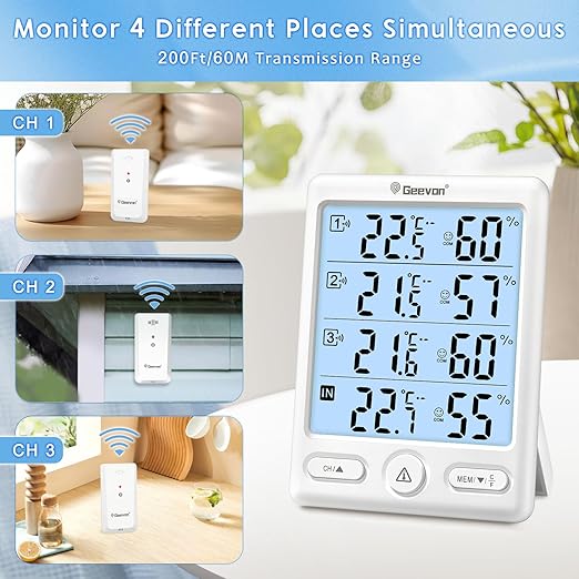 Geevon Indoor Outdoor Thermometer Wireless, 5-Inch Display Digital Hygrometer - Image 2