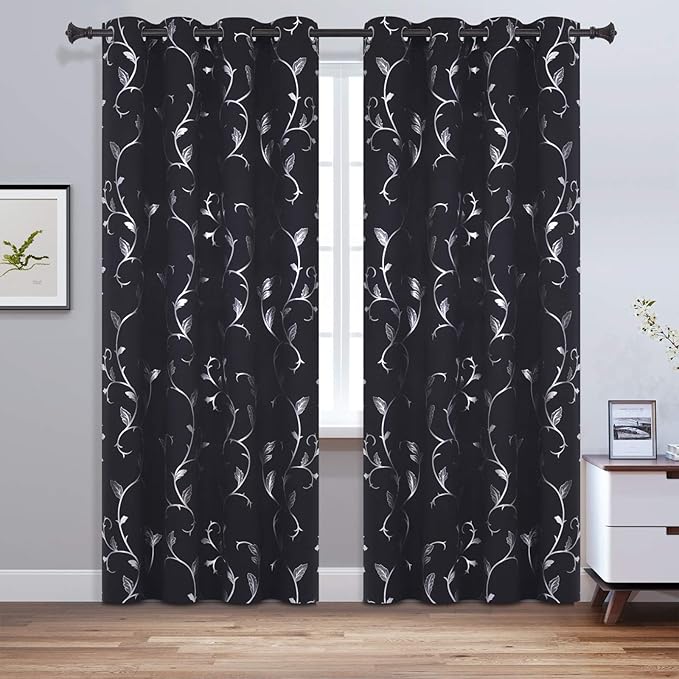 BUHUA Silver Shinny Vine Design Blackout Curtains Striped Window Curtains - Image 2
