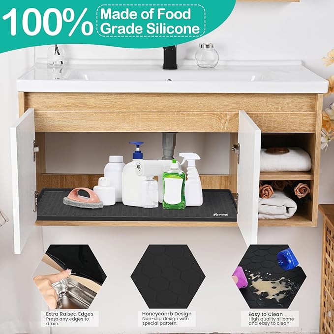 Waterproof Under Sink Mat 34" x 19", Silicone Cabinet Liner, Rubber Protector - Image 3