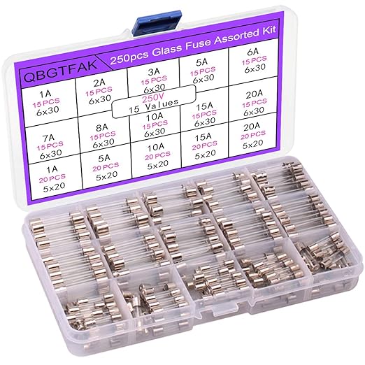 15 Values 250 pcs Fast-Blow Glass Fuses Assortment Kit 6x30mm 250V 1A, 250V 1A by QBGTFAK
