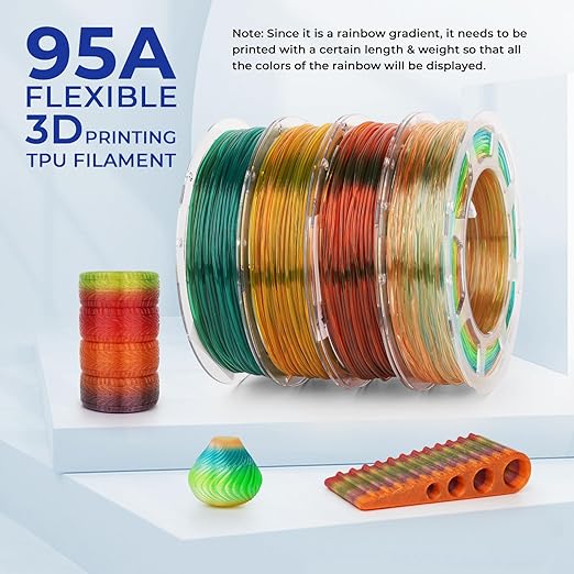AMOLEN TPU 3D Printer Filament Bundle, Transparent Multicolor Rainbow TPU 1.75mm - Image 4