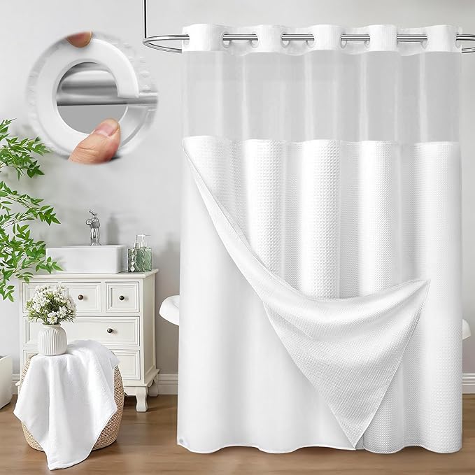 No Hook Shower Curtain with Fabric Liner White Hotel Waffle 75" L x 72" W by Unknown
