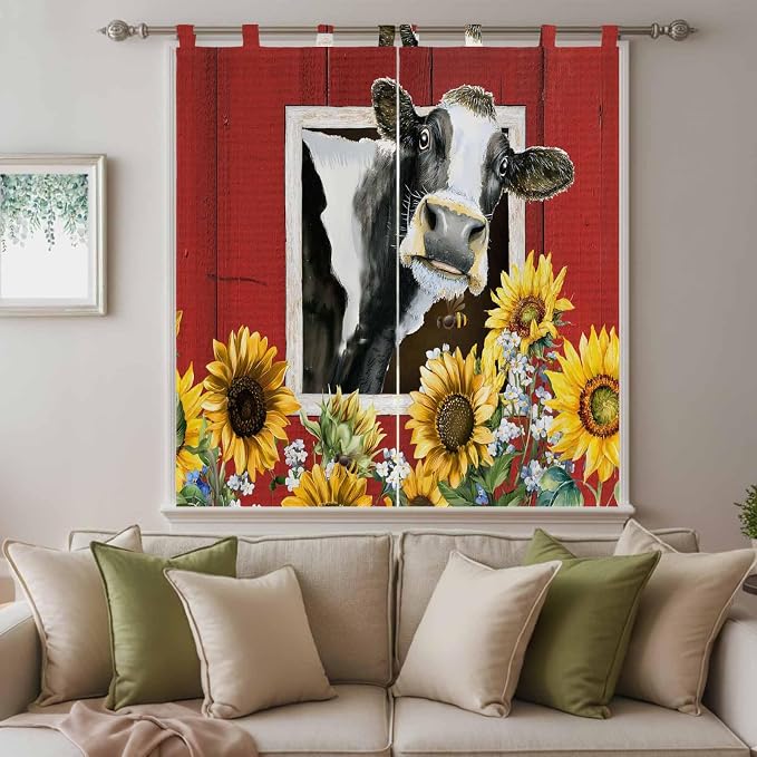 Cows Sunflowers Bedroom Curtains 72 Inch Length, Window Curtains Tab Top - Image 9
