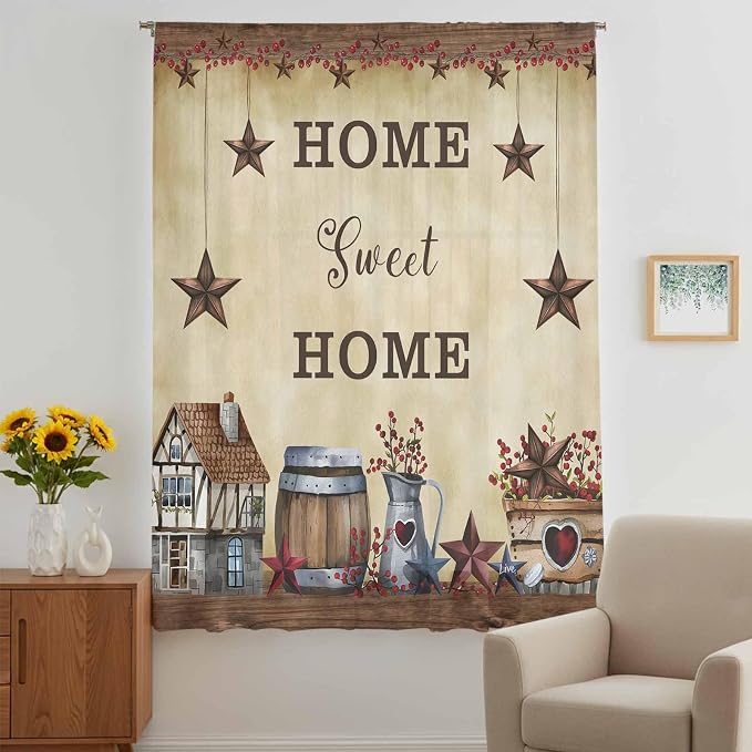Farm Sheer Curtains 96 Inch Length American Country Barn Star Vintage Berry - Image 5