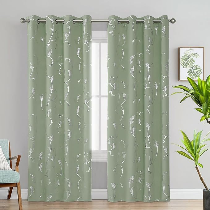 BUHUA Blackout Curtains Silver Foil Print Flower Vine Grommet Drapes, Room - Image 2