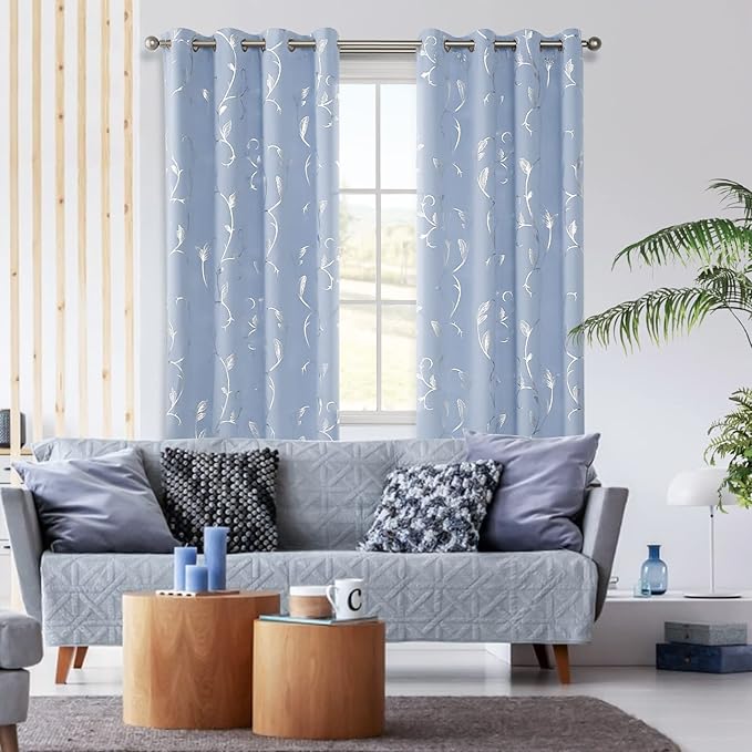 BUHUA Blue Blackout Curtain 2 Panel Set Silver Vine Foil Print Thermal - Image 2