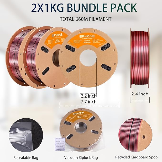 ERYONE Silk Dual Color PLA Filament 3D Printer 1.75mm +/- 0.03mm, Bicolor - Image 6