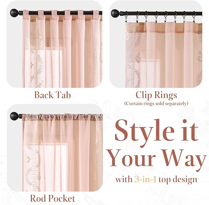 jinchan Belrose Pink Floral Sheer Curtains - Image 7