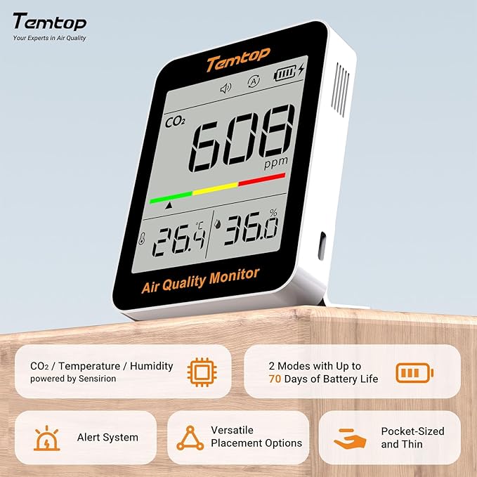 Temtop CO2 Monitor Indoor air Quality Monitor Portable CO2 Meter, Temperature - Image 2