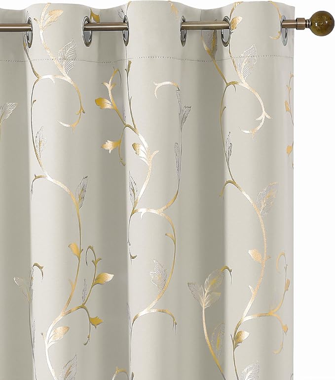BUHUA Blackout Curtains Gold Foil Print Flower Vine Grommet Drapes, Room by BUHUA