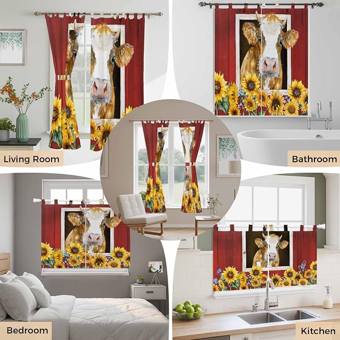 Cows Sunflowers Living Room Curtains 84 Inch Length, Window Curtains Tab Top - Image 7
