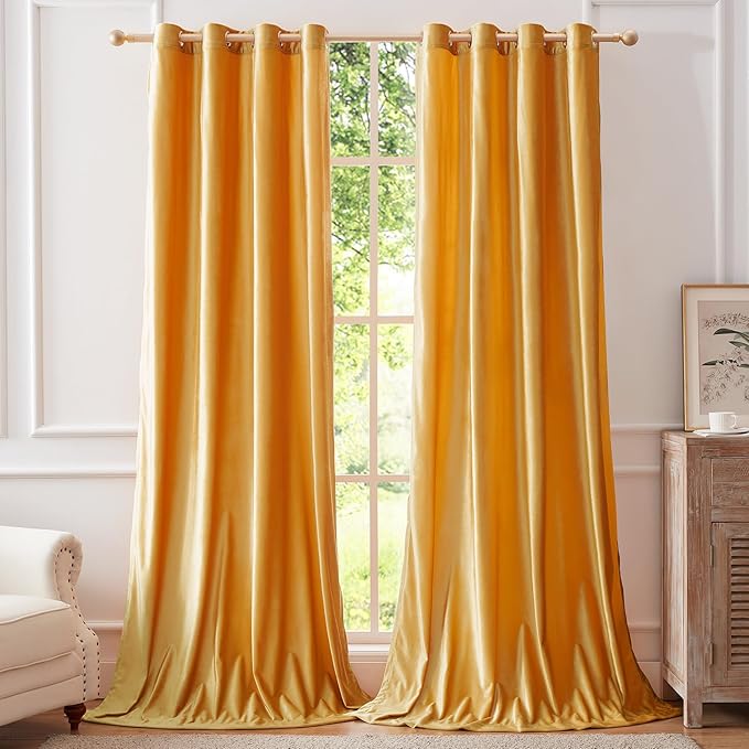 BULBUL Mustard Yellow Velvet Curtains 90 inches Elegant Living Room Curtain by ModernShinyVelvetCurtains