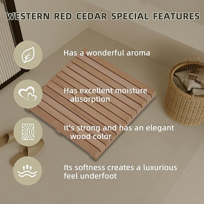 bingaai Cedar Wood Shower Mat 24" × 24", Cedar Wood Bath Mat Square, Wooden - Image 2