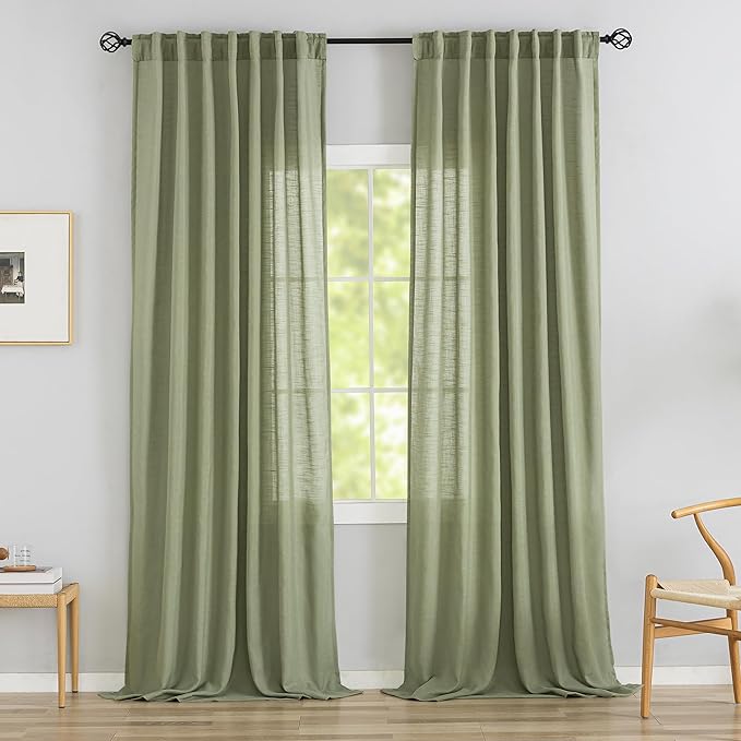 DONREN Sage Green Linen Back Tab Curtains 108 Inches Long Ceiling to Floor by DONREN