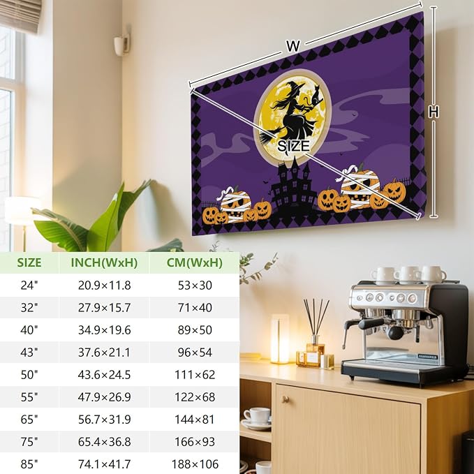 Halloween Full Moon Witch Riding Broom Indoor TV Cover, Elastic TV Screen - Image 4