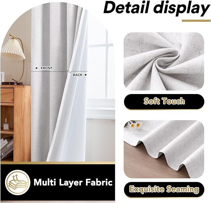 PrinceDeco Natural Linen Curtains 100% Blackout Curtains - Image 6