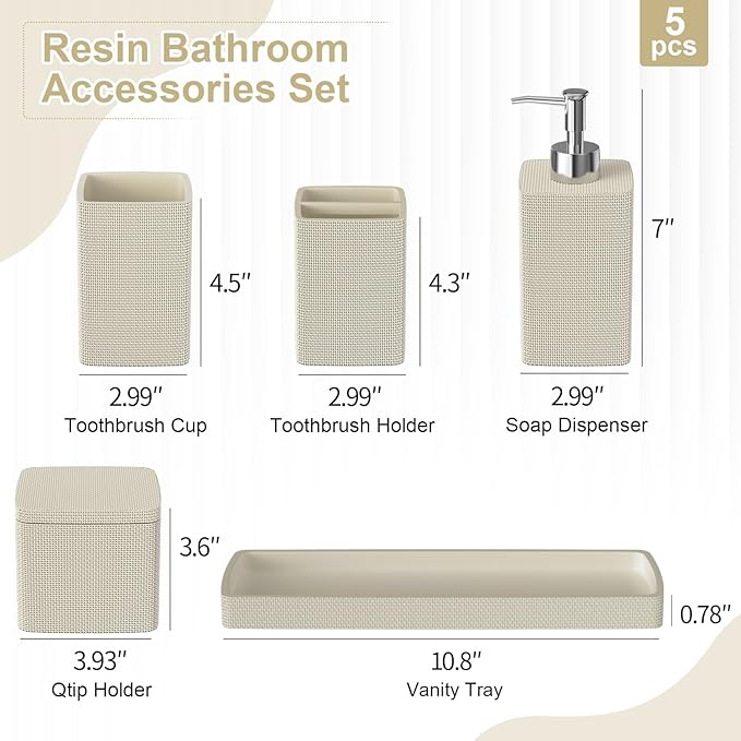 Beige Bathroom Accessories Set 5 Pieces, Resin Toothbrush Holders Set Complete - Image 7