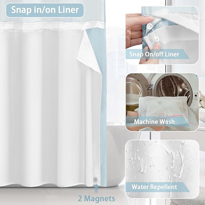 Aqua No Hook Shower Curtain and Liner Set, Hotel Waffle Shower Curtain - Image 4