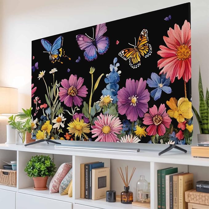 Watercolor Flowers Butterfly Countryside Plant Indoor TV Cover, Elastic TV by Unknown