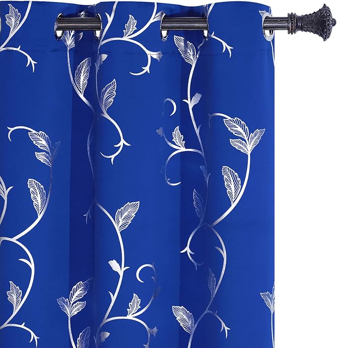 BUHUA Living Room Blue Blackout Window Curtains Silver Beautiful Flower Print by BUHUA