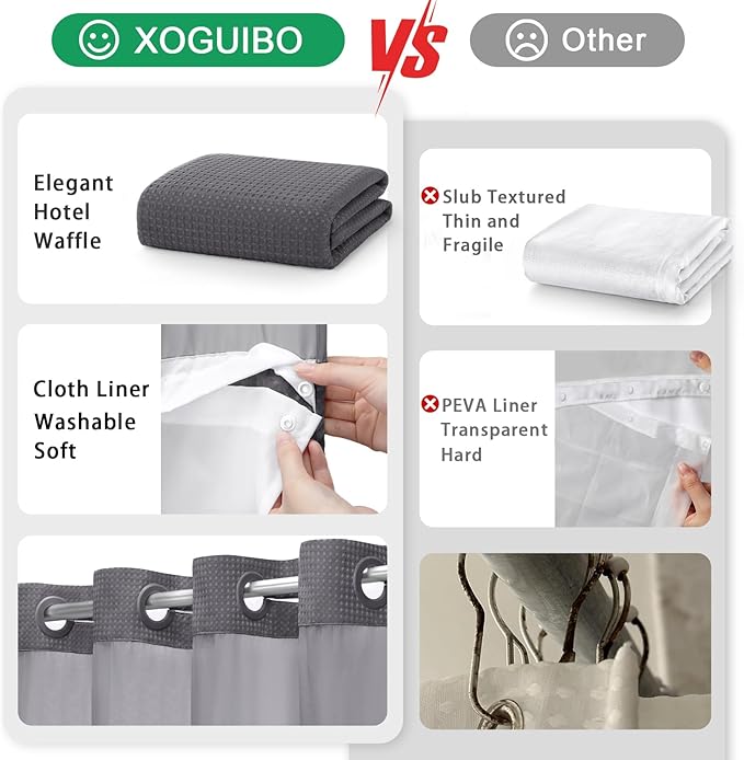 No Hook Shower Curtain and Liner Set, Dark Grey Hotel Waffle Shower Curtain - Image 5