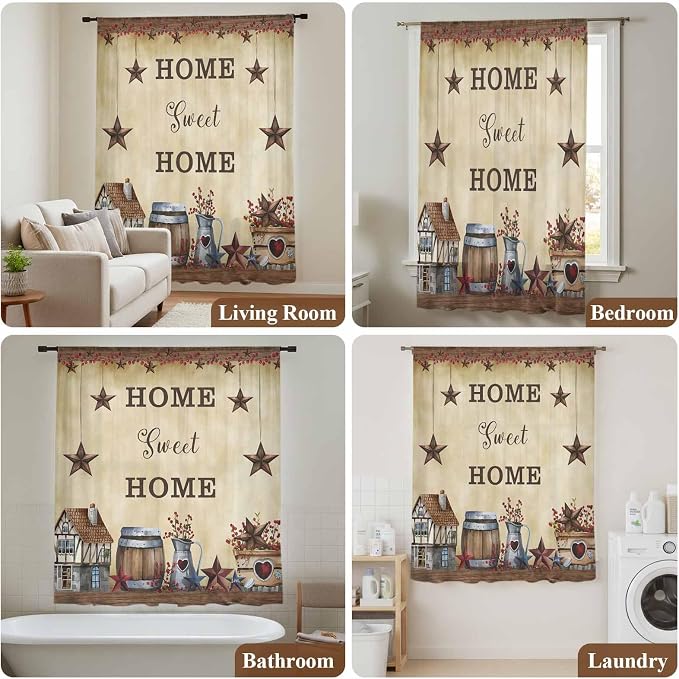 Farm Sheer Curtains 54 Inch Length American Country Barn Star Vintage Berry - Image 7