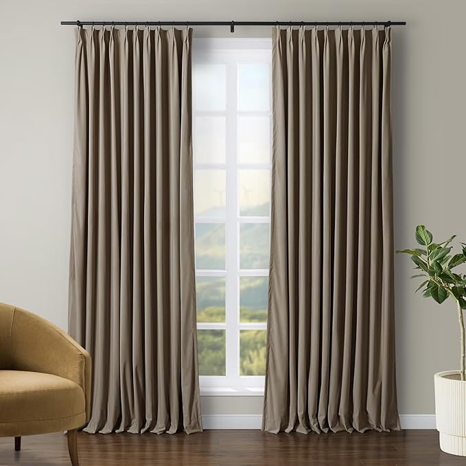 TWOPAGES Luxury Velvet Curtain Pinch Pleated Taupe Curtain 102 inch Long by TWOPAGES