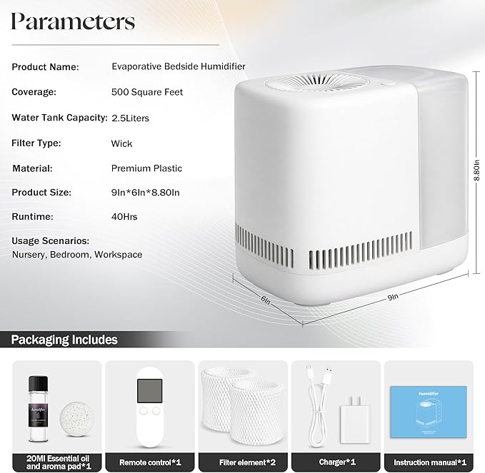 Evaporative Humidifier for Bedroom – Dishwasher Safe, No White Dust, Smart - Image 7