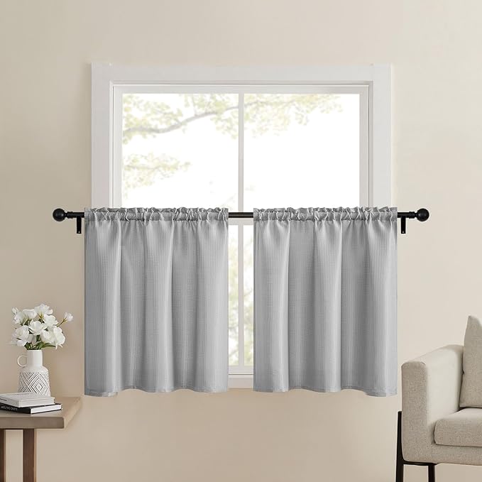 Home Queen Grey Waffle Bathroom Window Curtains, Short Water Repellent Rod by HomeQueen