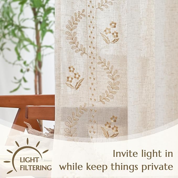 jinchan Belrose Linen Curtains for Bedroom Floral Curtains 96 Inch Length Linen - Image 5