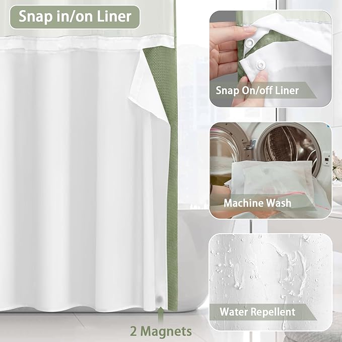 No Hook Shower Curtain and Liner Set, Sage Green Hotel Waffle Shower Curtain - Image 4
