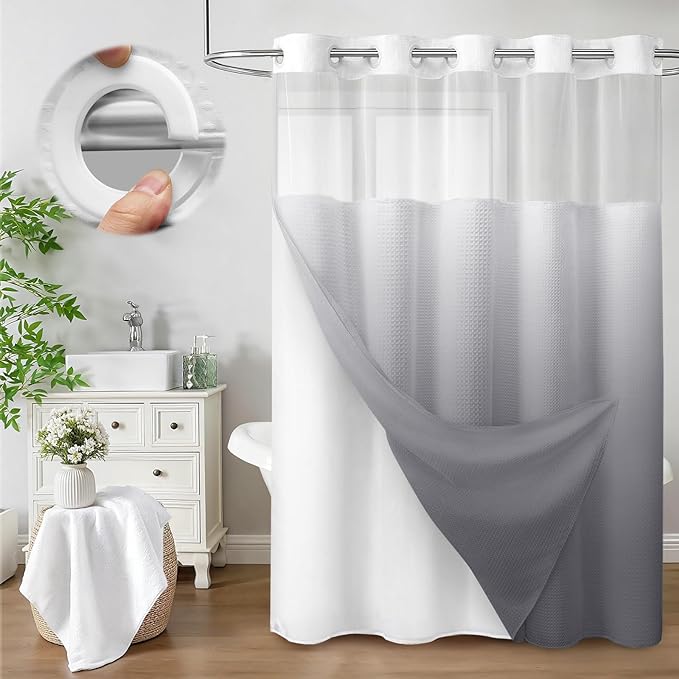 No Hook Shower Curtain and Liner Set, Ombre Grey Hotel Waffle Shower Curtain by Unknown