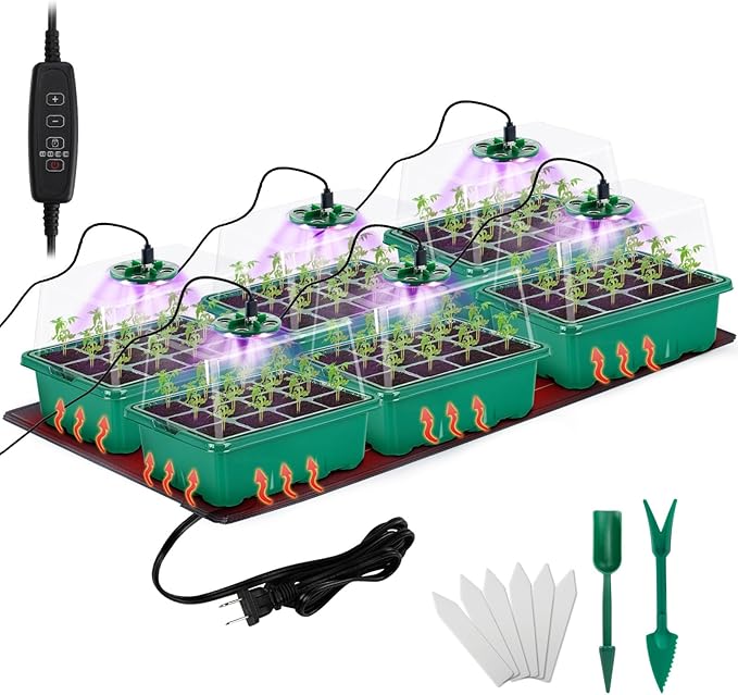 Apipi Seed Starter Tray with Grow Light & Heat Mat- 6 Pack 72 Cell Durable Easy by Apipi