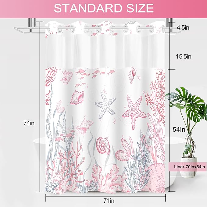 No Hook Shower Curtain with Snap in Liner, Beach Ocean Nautical Coastal Shower - Image 6