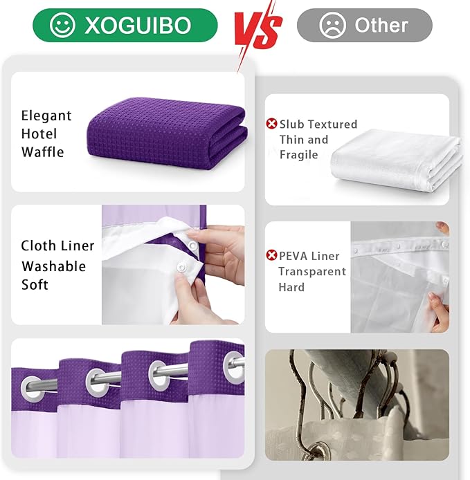 No Hook Shower Curtain and Liner Set, Deep Purple Hotel Waffle Shower Curtain - Image 5