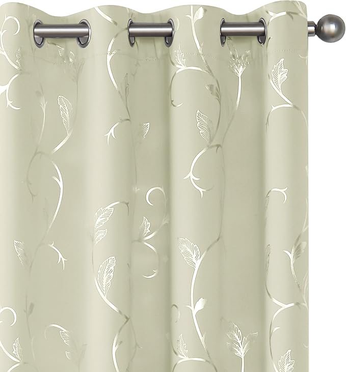 BUHUA Blackout Curtains Silver Foil Print Flower Vine Grommet Drapes, Room by BUHUA