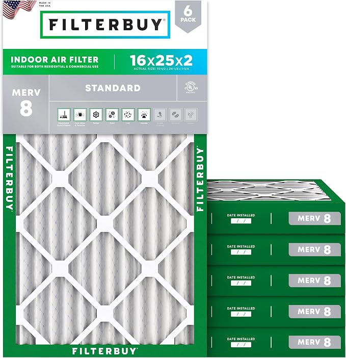 Filterbuy 16x25x2 Air Filter MERV 8 Essential Dust & Allergy Defense, by Filterbuy