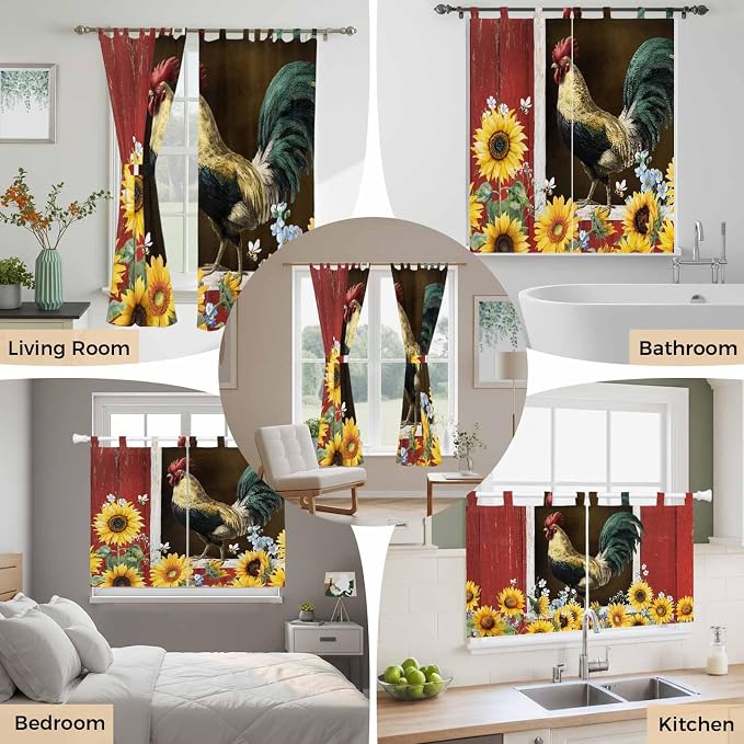 Chicken Sunflowers Kitchen Curtains 24 Inch Length, Small Window Curtains Tab - Image 7