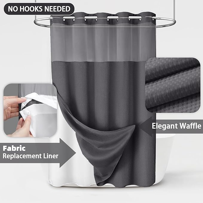 No Hook Shower Curtain and Liner Set, Dark Grey Hotel Waffle Shower Curtain - Image 3