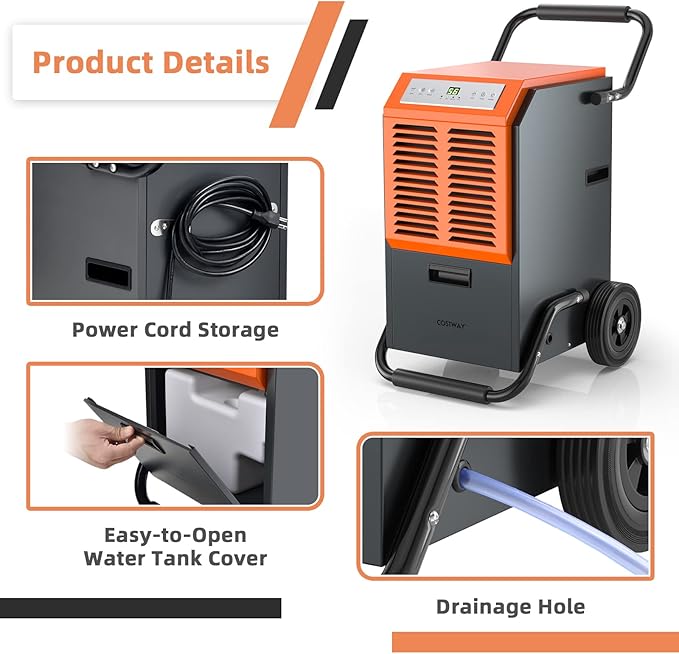 COSTWAY 163 Pints Commercial Dehumidifier, 4500 Sq.Ft Crawl Space Dehumidifier - Image 6