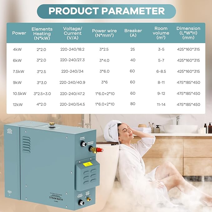 9KW Commercial Self-Draining Steam Generator Shower System Home Steam Bath Spa - Image 5