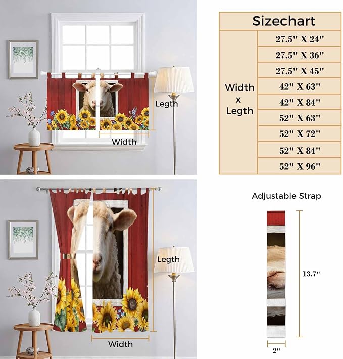 Sheep Sunflower Bathroom Curtains 63 Inch Length, Window Curtains Tab Top - Image 8