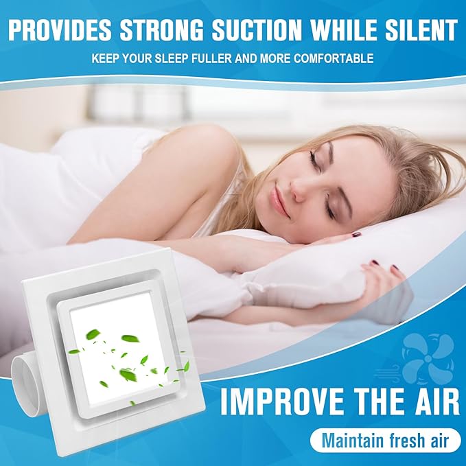Bathroom Exhaust Fan with Light, Ceiling Mount Square Quiet Bathroom Vent Fan - Image 5