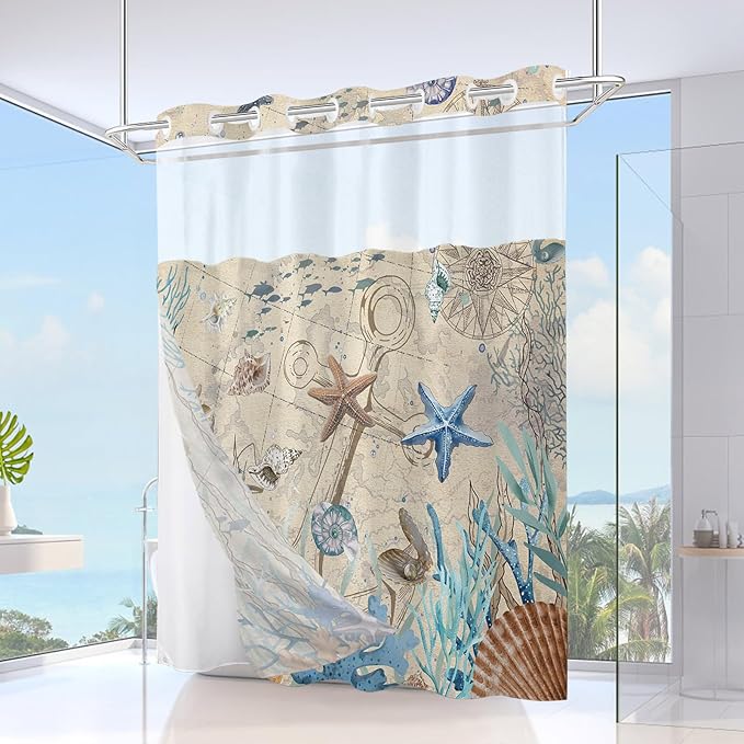No Hook Shower Curtain with Snap in Liner, Beach Ocean Nautical Coastal Shower - Image 2