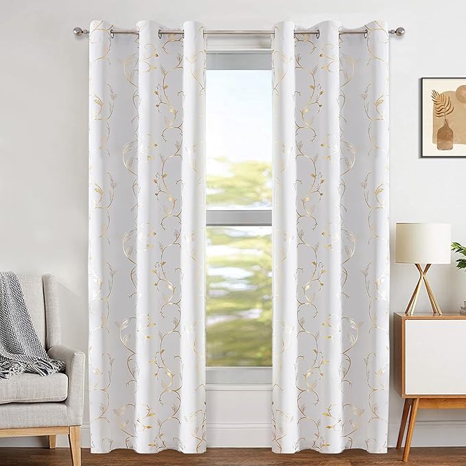 BUHUA Blackout Curtains Gold Foil Print Flower Vine Grommet Drapes, Room - Image 2