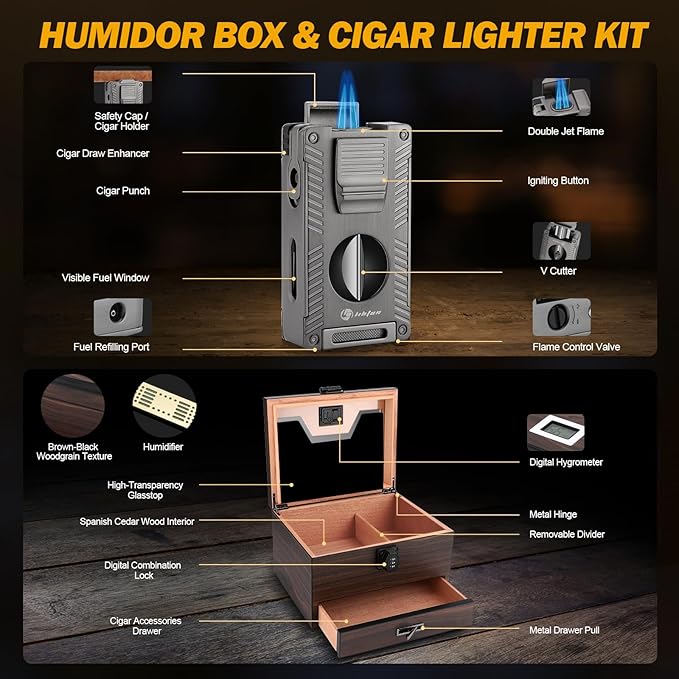Cigar Humidor and Cigar Lighter Kit, Cedar Wood Cigar Case - Image 2