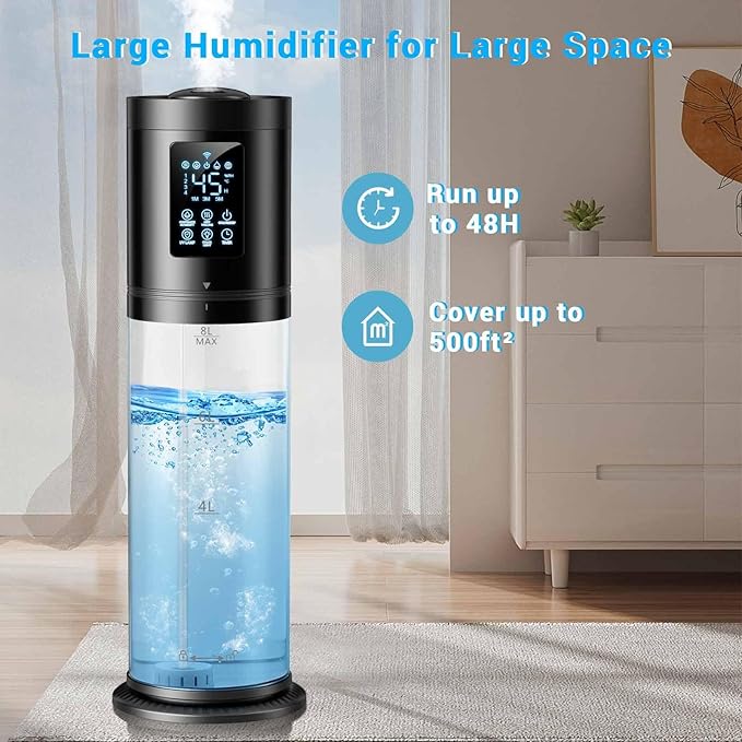 8L/2.1 Gal Humidifiers for Bedroom Large Room, 4 Levels Cool Mist Humidifier - Image 3